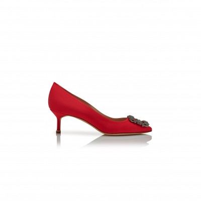 MANOLO BLAHNIK HANGISI 50 RED SATIN JEWEL BUCKLE PUMPS 9XX-0661-0033